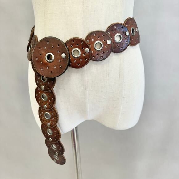 Western boho leather Disc Concho Belt Brown silver grommets one size adjustable - Picture 1 of 14
